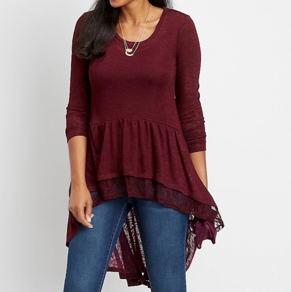 NWT Maurices S High-Low Tunic Top Burgundy Casual Pretty 3003-i